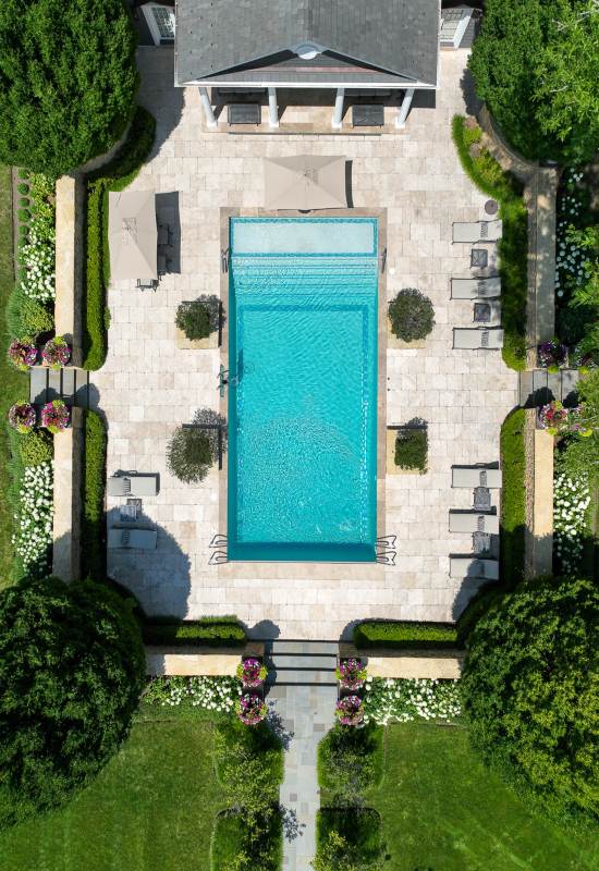 An aerial view of a landscaped garden designed by Western DuPage Landscaping in DuPage County, IL